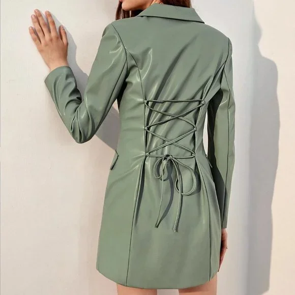GREEN PU LEATHER DOUBLE BREASTED BACK LACING BLAZER DRESS TRENDING COLOR CHIC - Picture 2 of 6